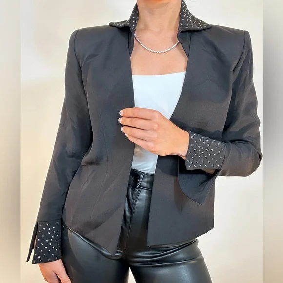 Vintage David Josef Black Jewel Embellished Collar & Sleeves Jacket Blazer - Picture 6 of 7